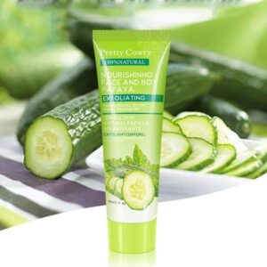 Fresh cucumber skincare products on a light background